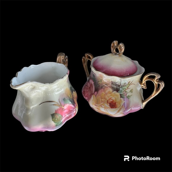 German Handpainted Antique Sugar/Creamer  Floral Numbered 420 Double Handles - Picture 3 of 5